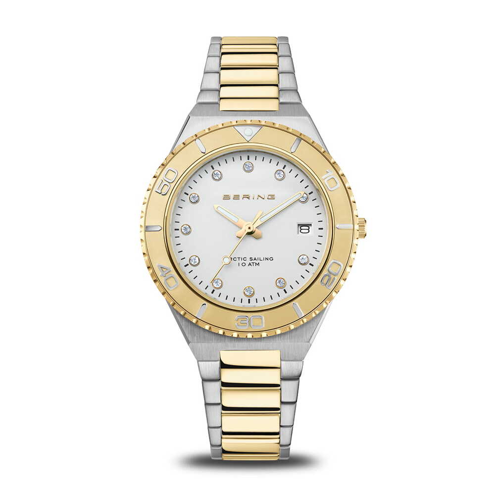 Montre acier 2 tons (blanc/jaune), fond blanc