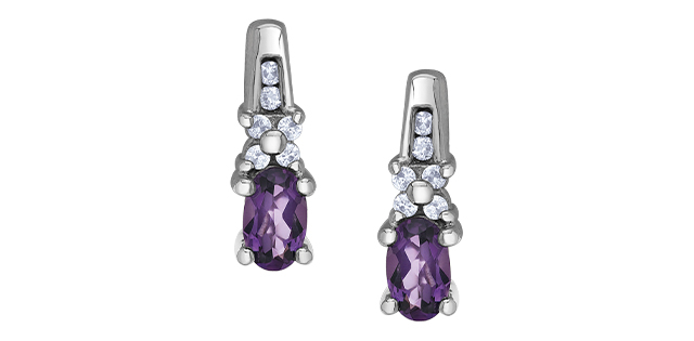 Boucles d'oreilles fixes or blanc 10 carats, améthystes, 8 points de diamants total - DD8239WAM - Corona