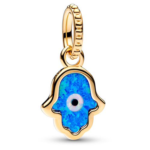 Khamsa dangle charm, protective hand, Pandora Shine, laboratory-created blue opal