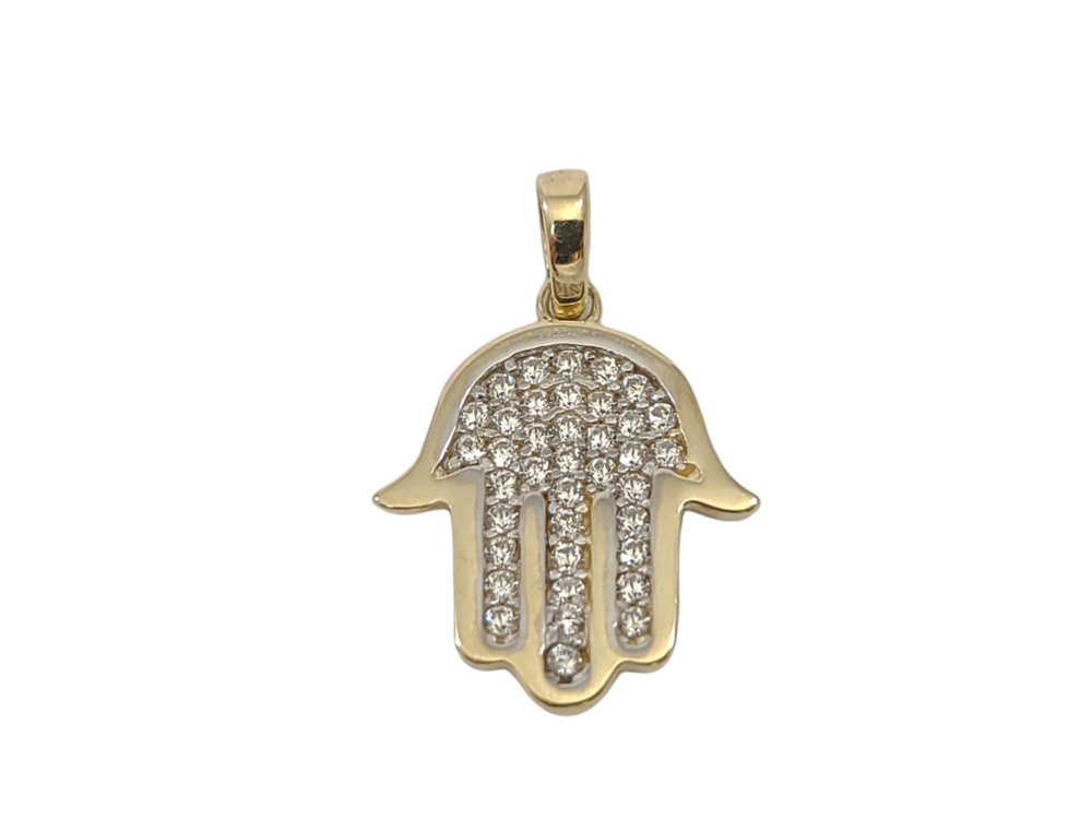 Pendentif main de Fatima, or 2 tons (jaune/blanc) 10 carats, zircons incolores - POZ-261-2T - Exclusivités