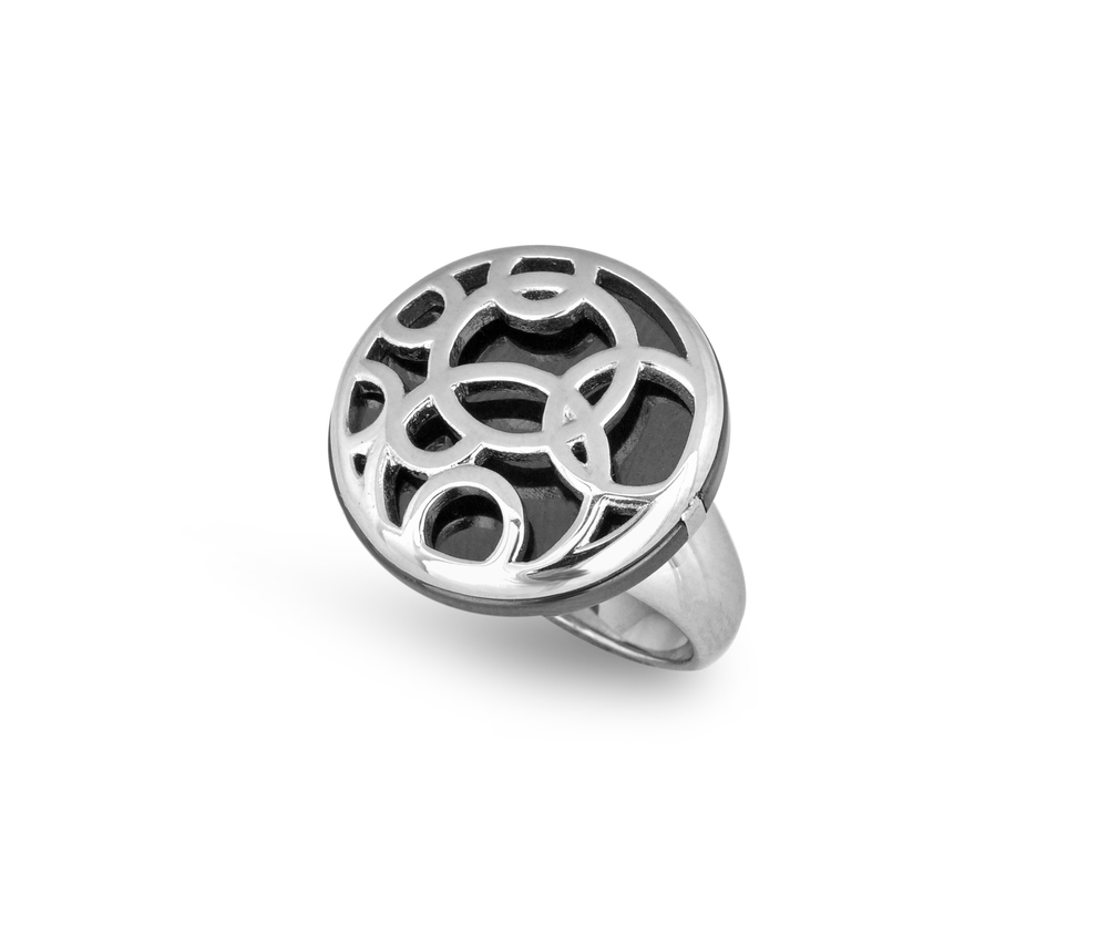 Women's steel and black ceram. ring