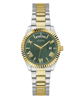 Two-tone stainless steel watch (white/yellow), green dial - GW0308L5 - Guess