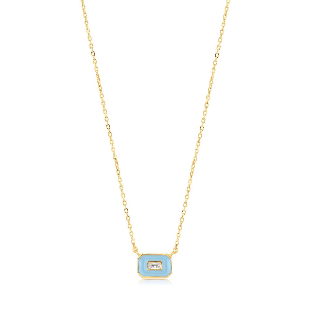 Collier argent doré, émail bleu, zircon