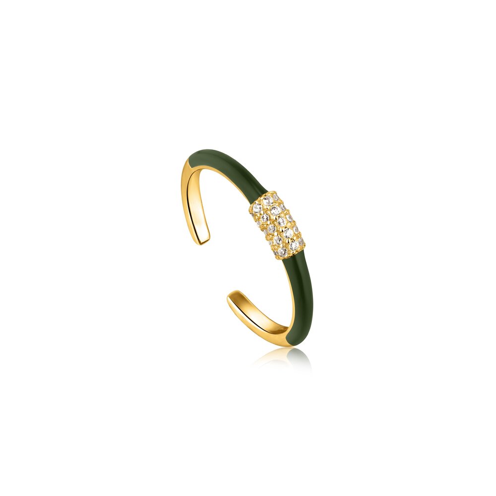 Bague ajustable, argent doré, émail vert, zircon