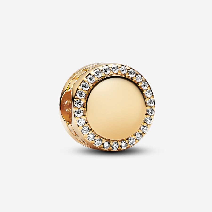 Sparkling Button charm for engraving in unique metal plated with 14k gold, featuring clear zirconia stones