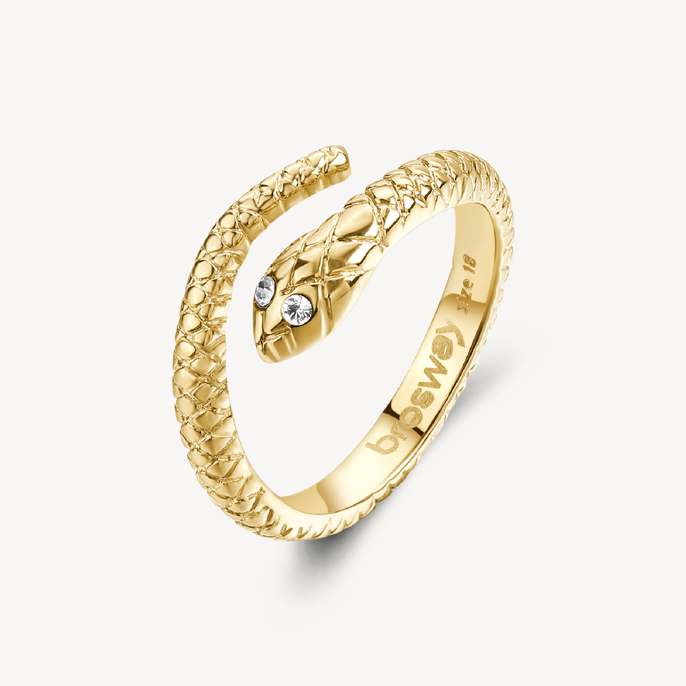 Gold-plated stainless steel serpent ring with crystals