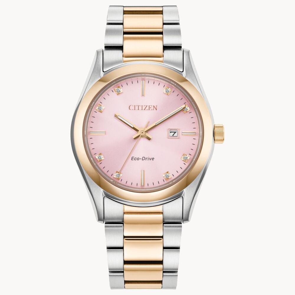 Montre Eco-Drive acier 2 tons (blanc/rose), fond rose, diamants - EW2706-58X - Citizen