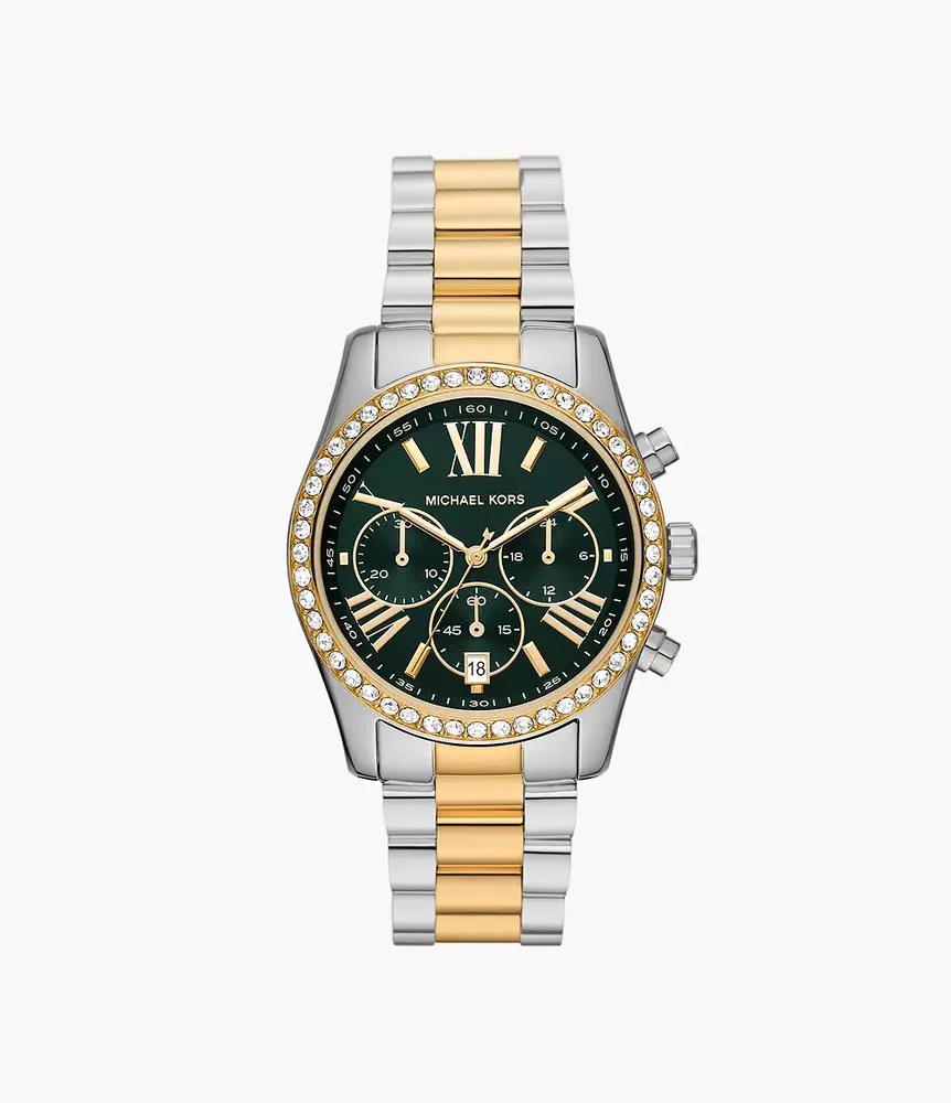 Montre chronographe 2 tons cadran vert et cz