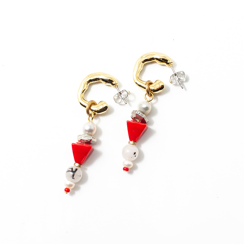 Dangling earrings tin, gold, glass, pearls, quartz - MABE-ROUGE - Anne-marie Chagnon