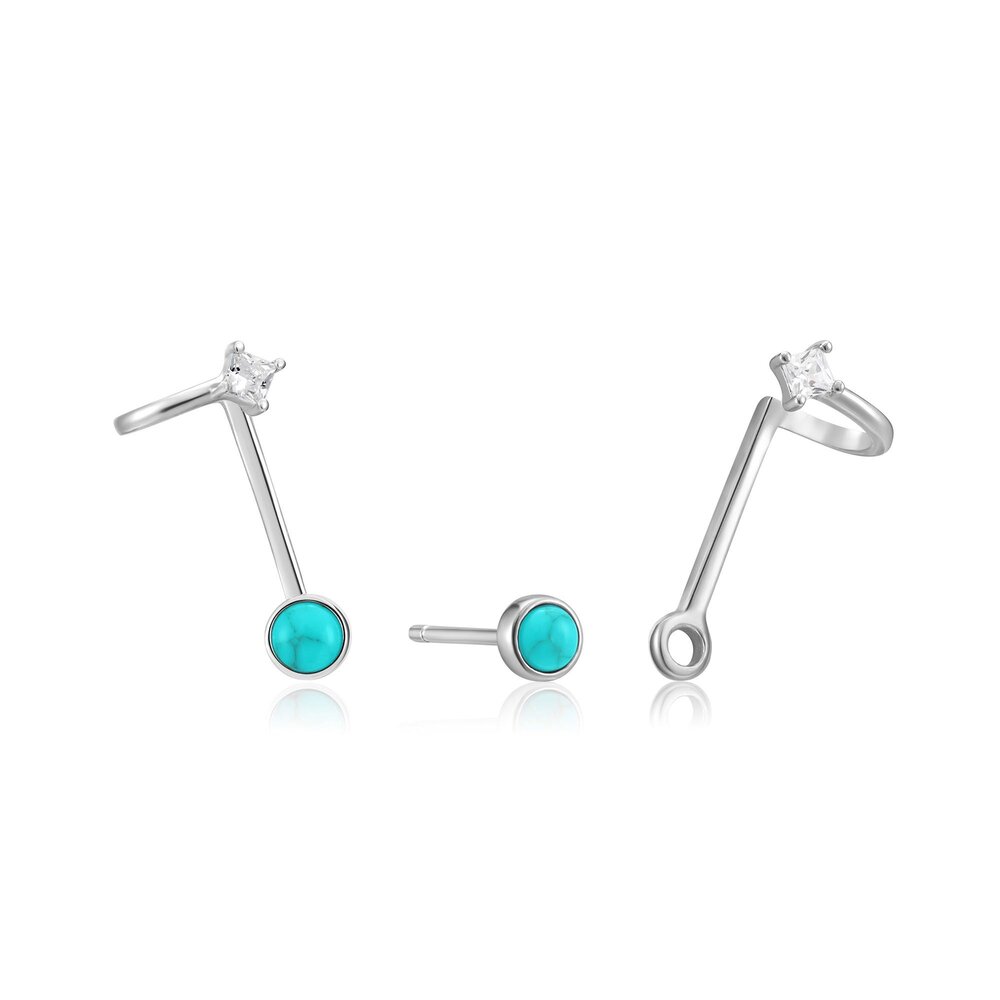 Boucles d'oreilles fixes en argent rhodié avec turquoises synthétiques et zircons - E027-03H - Ania Haie