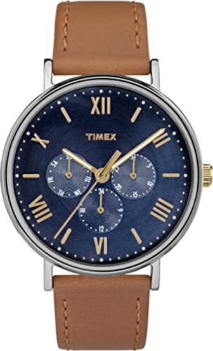 Montre cuir brun, acier, fond bleu