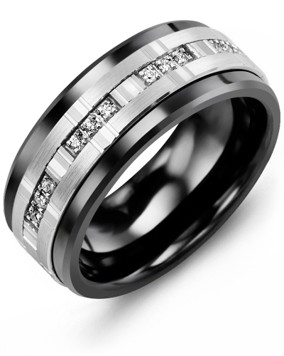  Black ceramic ring, 10-karat white gold, total of 3 diamond points, 9 millimeters - MJA910CW-3R - Madani