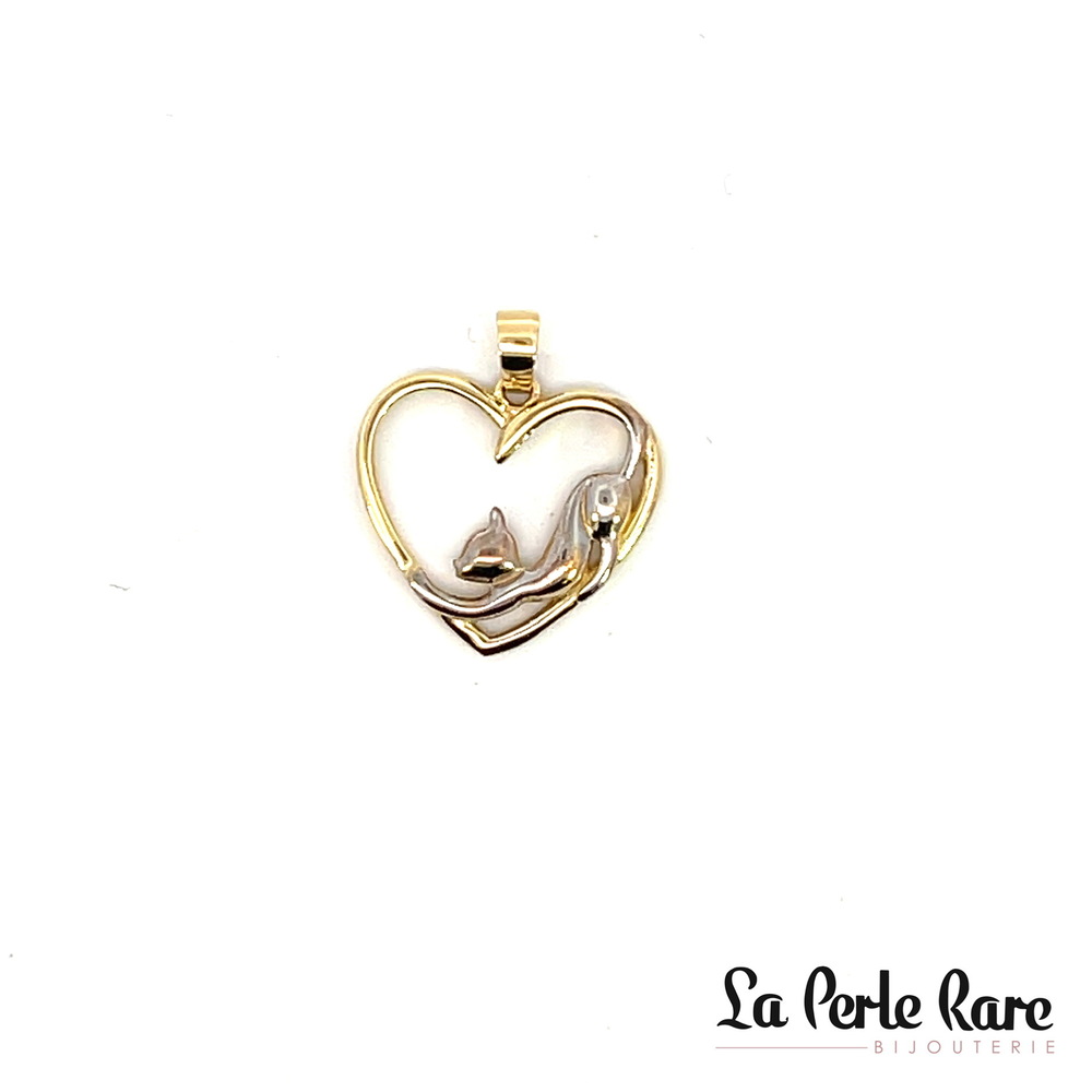 Pendentif coeur et chat, or 2 tons (jaune/blanc) 10 carats - PAZ-1412-2T - Exclusivités