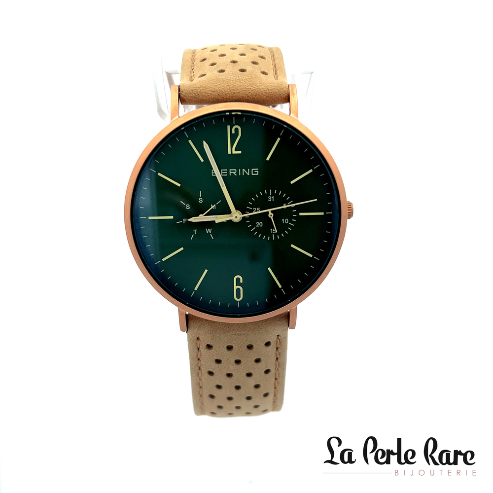 Montre cuir tan, acier rosé, fond vert - 14240-668 - Bering