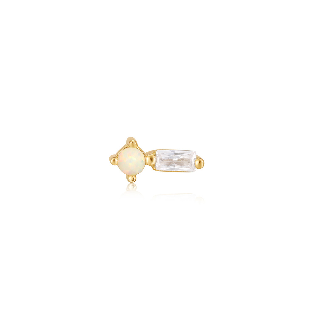 Single gold-plated silver stud earring with opal and cubic zirconia