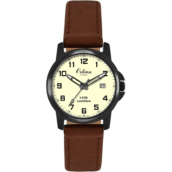 Montre cuir brun, acier noir