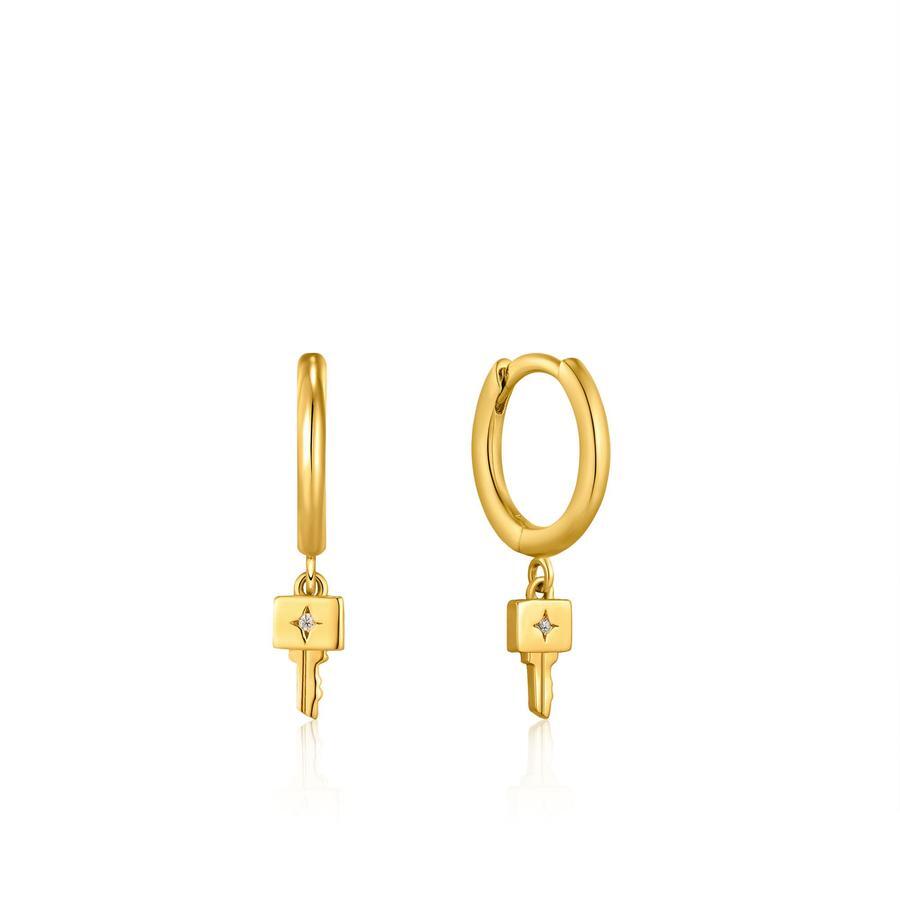 Gold-plated silver key-shaped huggies with cubic zirconia