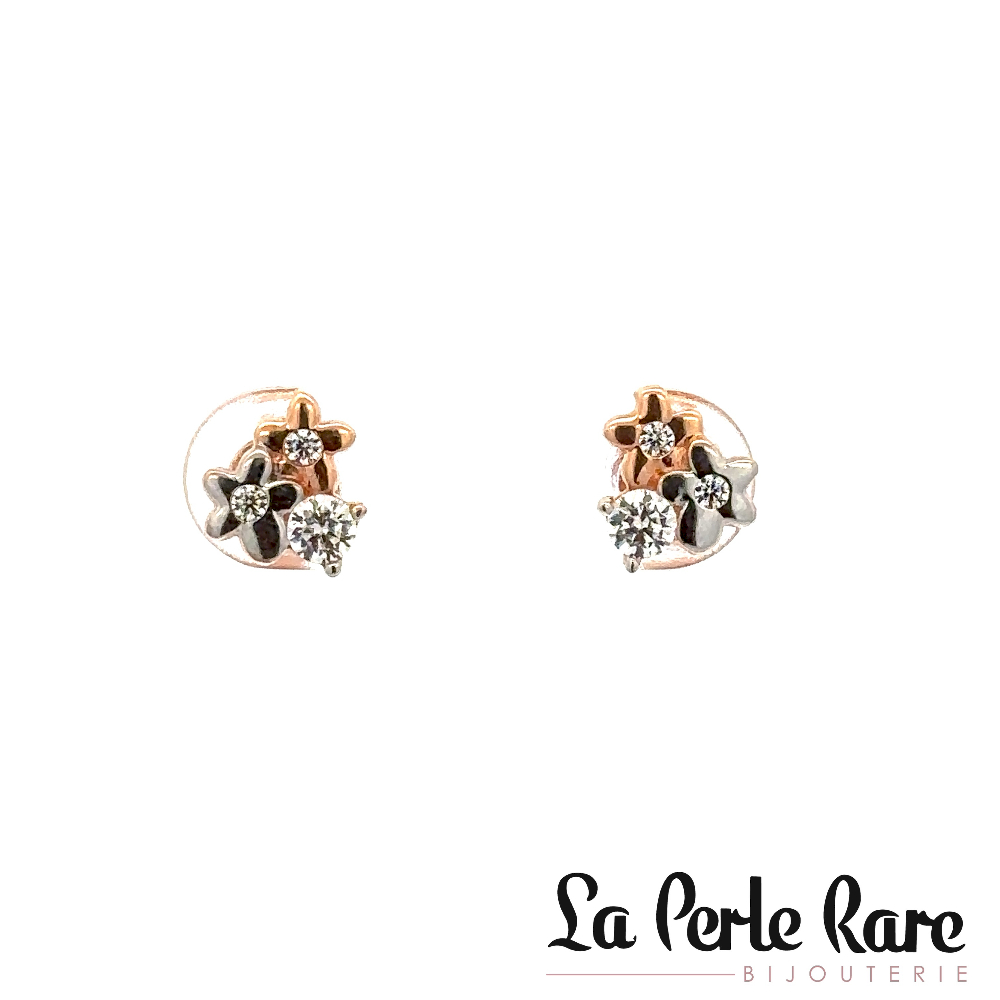 10K Two-Tone (Rose/White) Gold Flower Stud Earrings, Clear Zircons - EOZ-1341-2TR - Exclusivity