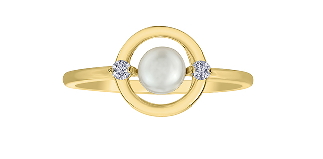 Bague or jaune, perle, 6 pts dia tot, certificat - 52G33 - Corona