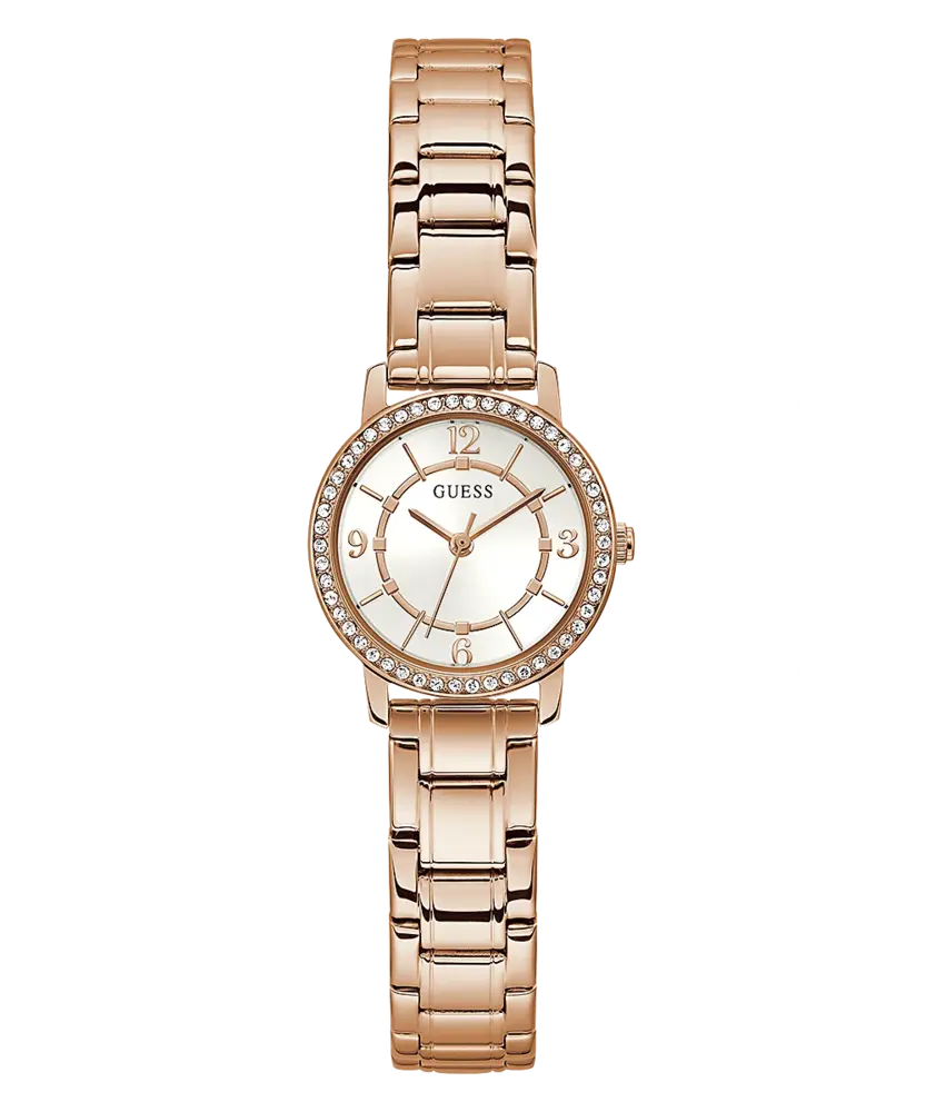 Rose-toned stainless steel watch, white dial, crystals - GW0468L3 - Guess