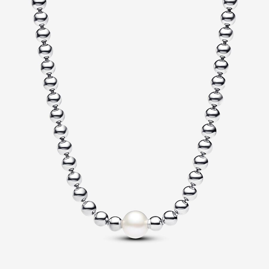 Collier billes, argent, perle d'eau douce