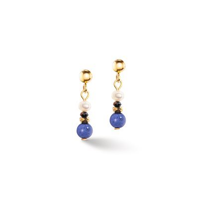 Gold stainless steel dangle earrings, blue crystals, pearls