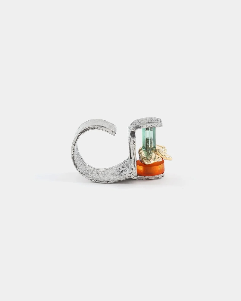 Bague ajustable, étain 2 tons (blanc/jaune), résine, verre - OPHI-TROPIQUE - Anne-marie Chagnon