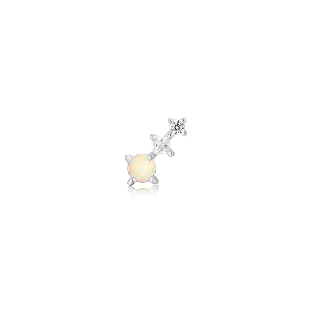 Single rhodium-plated silver stud earring with opal and cubic zirconia - E047-02H - Ania Haie