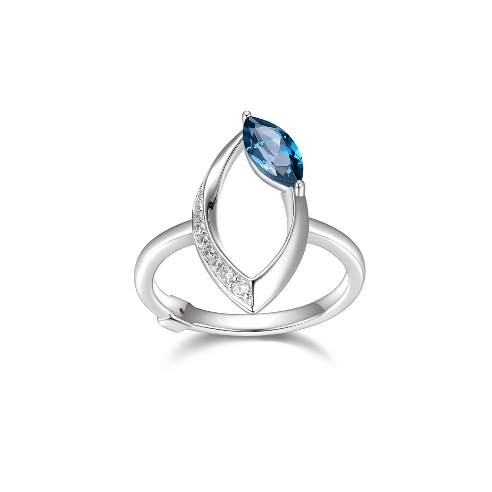 Bague argent rhodié, topaze london blue, zircons