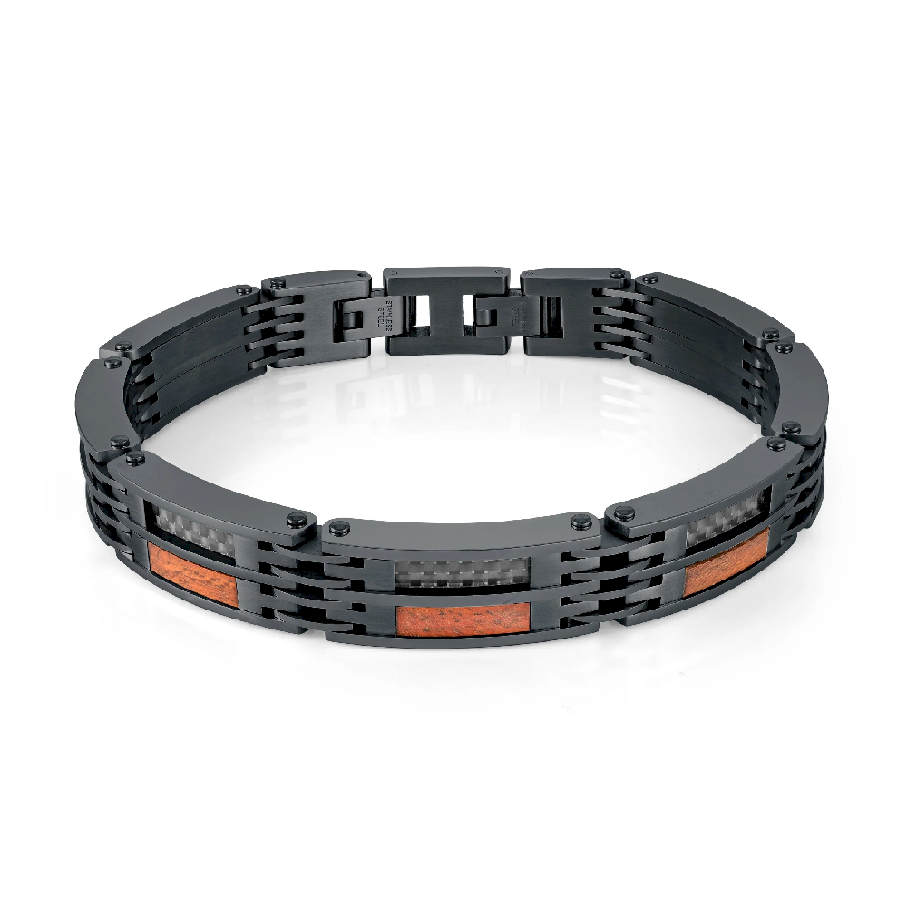 Bracelet acier inoxydable noir, fibre de carbone, bois - SMB709 - Italgem Steel