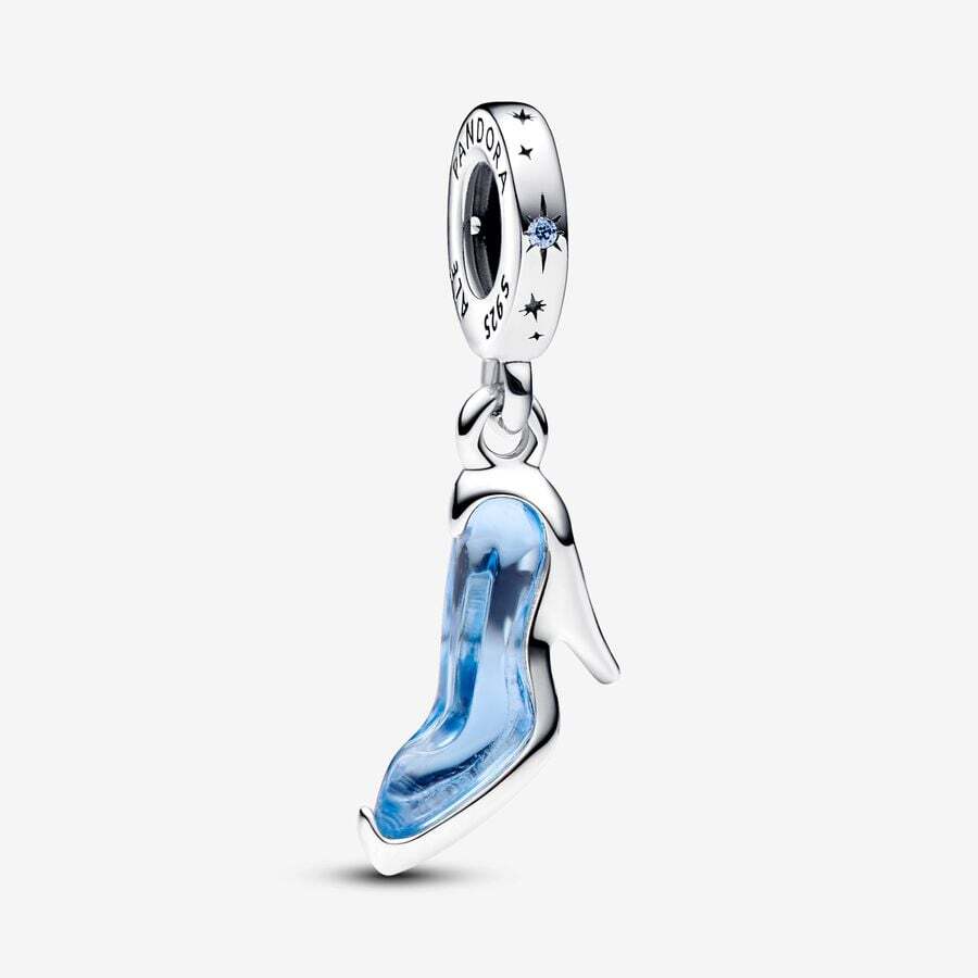 Disney bead, Cinderella's glass slipper, silver, blue murano glass