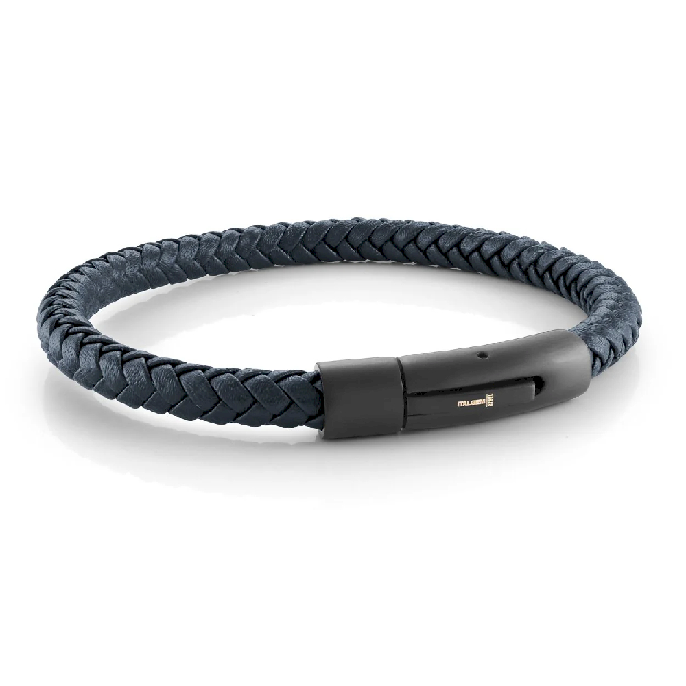 Bracelet cuir marine tressé, acier inoxydable noir - SLB581 - Italgem Steel