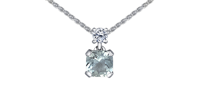 Pendentif or blanc, aquamarine et 8 points diamant cert. 