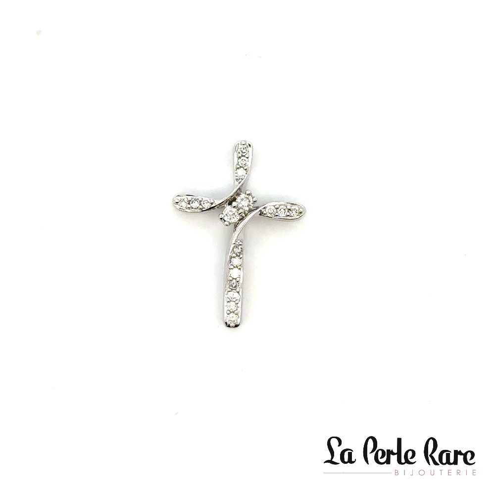 Pendentif croix, or blanc 10 carats, 25 points de diamants total - SKP24376-25NJ - Sk Diamonds