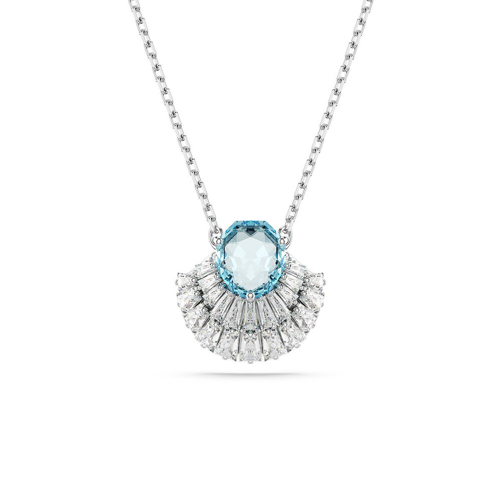 Collier métal rhodié, cristaux blancs/bleu