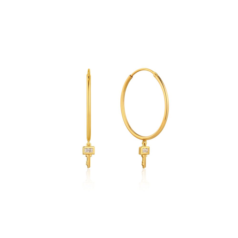 Key-shaped hoops in gold-plated silver with cubic zirconia