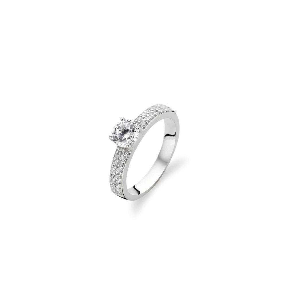 Bague solitaire, argent rhodié, zircons