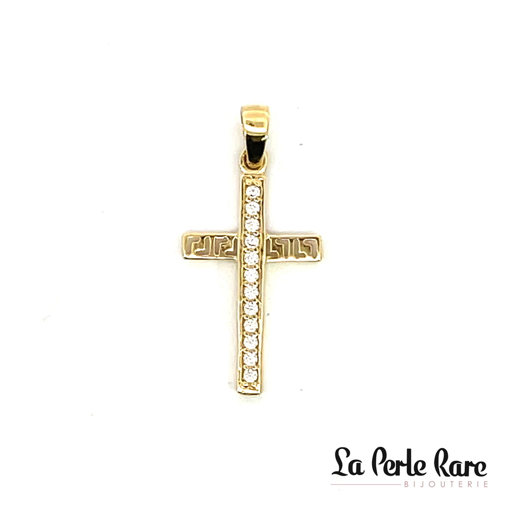 Pendentif croix, or jaune 10 carats, zircons incolores