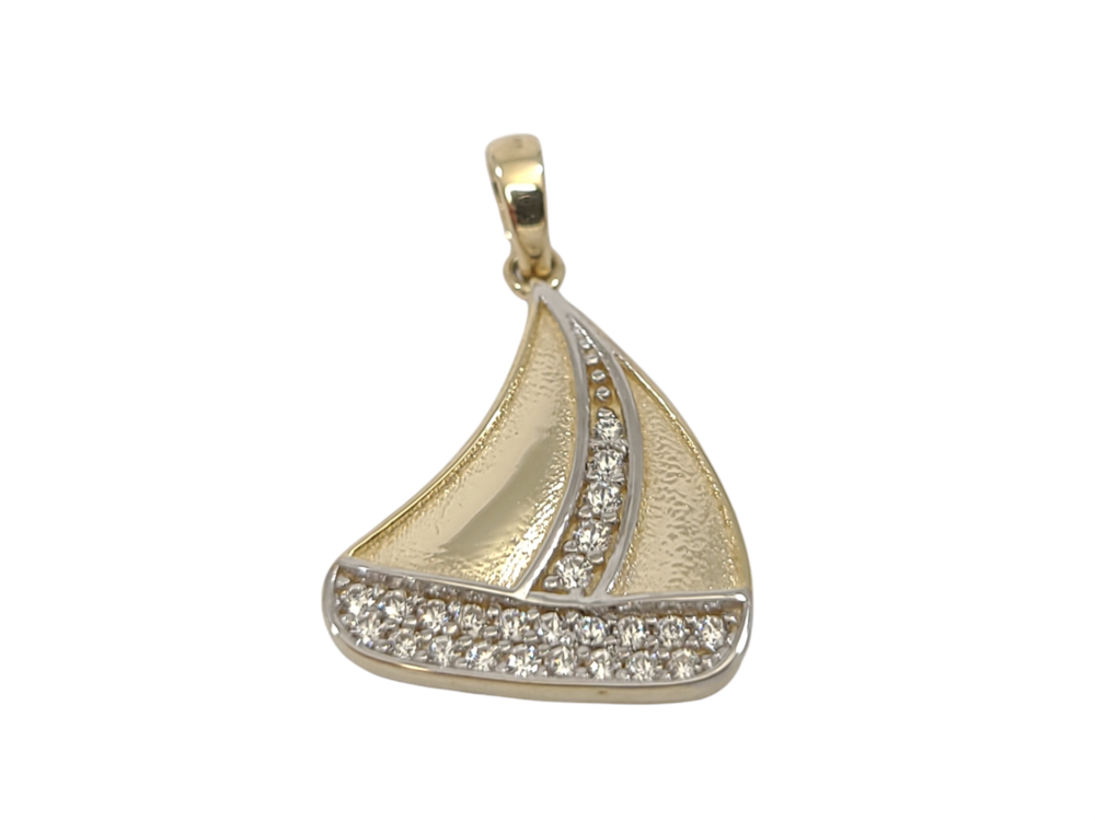 Pendentif voilier, or 2 tons (jaune/blanc) 10 carats, zircons incolores - POZ-982-2T - Exclusivités