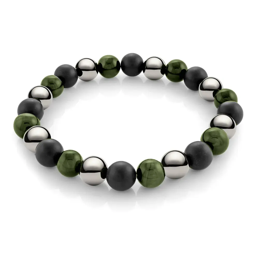 Bracelet oeil-de-tigre vert, onyx, acier noir - BB-310-M - Italgem Steel