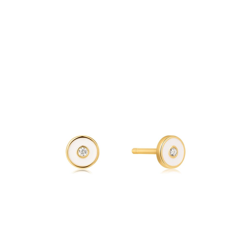 Stud earrings in gold-plated silver with white enamel and cubic zirconia - E028-02G-W - Ania Haie