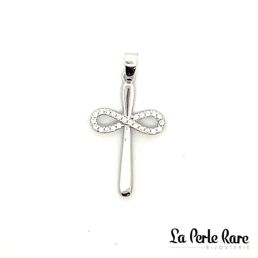 Pendentif croix/infini, or blanc 10 carats, zircons incolores - PAZ-791-B - Exclusivités