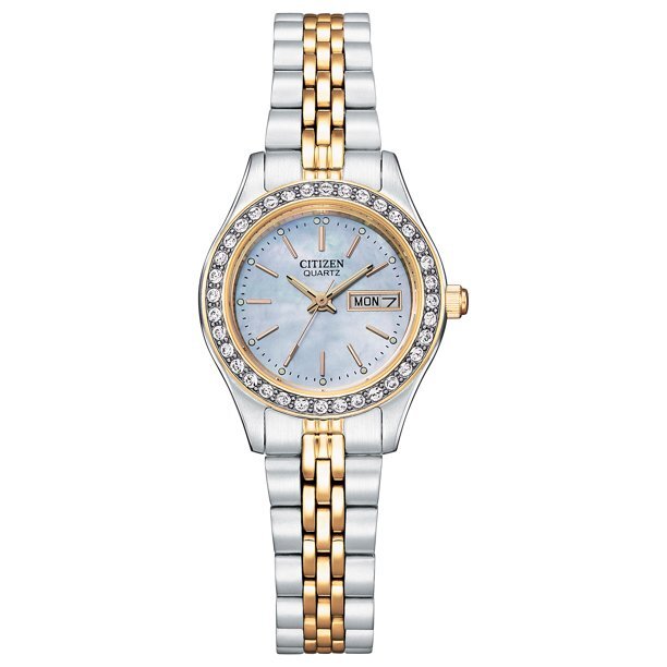 Montre acier 2 tons (blanc/rose) fond nacré bleu, cristaux