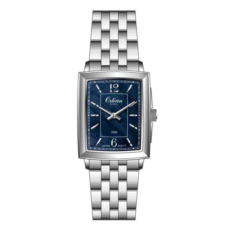 Montre rectangulaire, acier, fond nacré bleu - ME3370 - Orlean