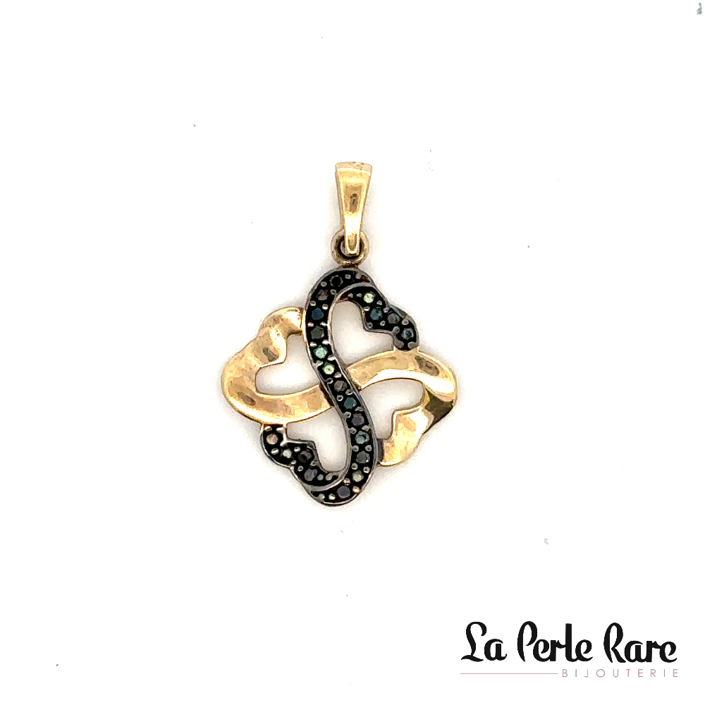 Pendentif trèfle or jaune 10 carats, zircons noirs