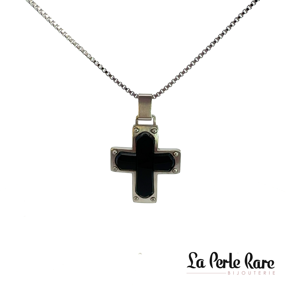 Pendentif croix, acier 2 tons (blanc/noir) - 171-CR71340 - Steelx