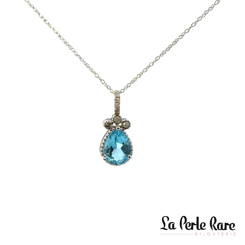 Pendentif or blanc 10 carats, topaze bleue, 7 points de diamants total - LPR-2525 - Exclusivités