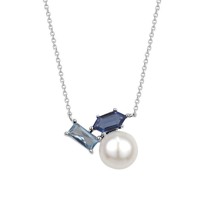 Collier argent, zircons bleus, perle - N3464 - Création Gl