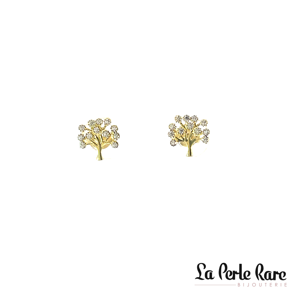 Boucles d'oreilles fixes arbres de vie, or jaune 10 carats, zircons incolores - ENM-120-J - Exclusivités