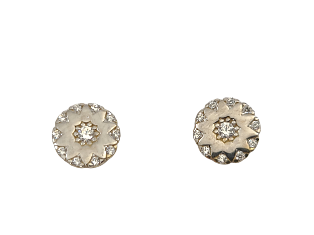 Boucles d'oreilles fixes fleurs, or 2 tons (jaune/blanc) 10 carats, zircons incolores - EOZ-1315-2T - Exclusivités